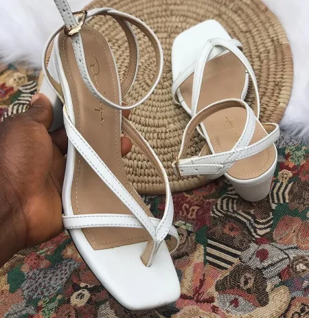 Dominique White Strap Block Heel
